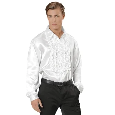 Image of WIDMANN 01168 70s Disco Style Shirt, Adult Man, Made of Satin, With Ruffles, Carnival, Disco, Size M/L, White Color