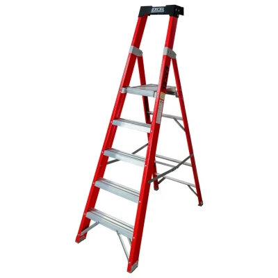 Image of Excel Electricians fibreglass step ladder 3/4/5/6/8 Tread EN131 Heavy Duty 6 Treads ladder, foldable folding lightweight (5 Tread, Red Color)