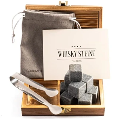 Image of GOURMEO Basalt Whiskey Stones Set 9 Reusable Whisky Cubes with Tongs Ice for Drinks in Wooden Case and Velvet Pouch Gifts Men
