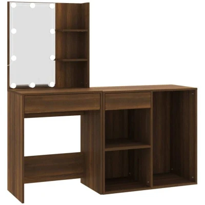 Image of vidaXL Modern Brown Oak Engineered Wood LED Dressing Table with Cabinet Ample Storage, Illuminated Makeup Vanity for Bedroom or Cloakroom