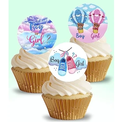 Image of 24 x Pre Cut Gender Reveal 4 Edible Stand up Wafer/Rice Paper Cupcake Cake Dessert Toppers Party Boy or Girl Baby Shower Decorations (Gender 4)