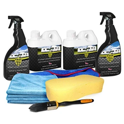 Image of PROTEX Caravan &amp; Motorhome Advanced Complete Cleaning Kit. Hi Foam Cleaner Concentrate, Protective Seal Shine, Spirt Glass 750ml Plastic Rubber Spray 750ml.