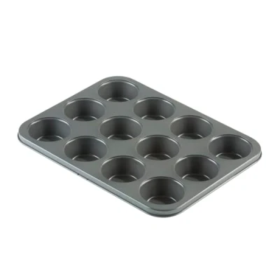 Image of Prochef KB1003 Teflon Non Stick Premium Coated 12 Cup Tray/Tin Length 35cm x Width 27cm Carbon Steel for Muffins or Cupcakes Silver, Black, 35 27 3cm