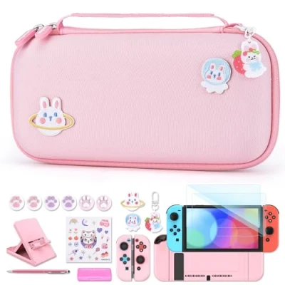 Image of innoAura Switch Case for NS 18 in 1 Accessories Bundle with Carrying Case, Game Screen Protector, Stand, Thumb Grips(Pink)