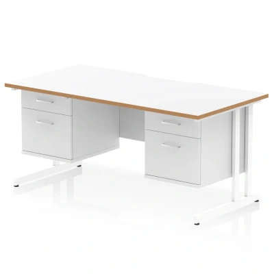 Image of Oslo 1600 x 800mm Edge Office Desk White Top Natural Wood Cantilever Leg Workstation 2 Drawer Fixed Pedestal