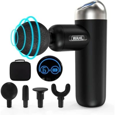 Image of WAHL Massage Gun, Deep Tissue Percussion, Mini Massager, Powerful, 6 Speed with LCD Touch Screen, Cordless Handheld Massagers, Lightweight Portable Muscle Massage, 4 Attachment Heads
