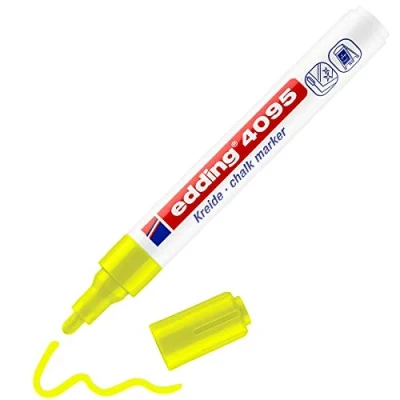 Image of edding 4095 chalk marker neon yellow 1 pen round nib 2 3 mm medium wet wipe for chalkboards, windows, glass, mirrors liquid opaque coverage