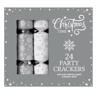 Image of RSW Set of 24 Christmas Crackers White and Silver Snowflake/Star Design 9 Perfect for Celebration Festive Table Decoration Xmas Party