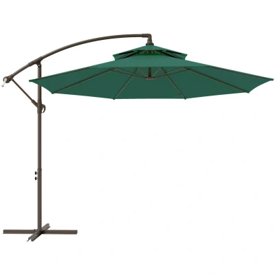Image of Outsunny 2.7m Garden Banana Parasol Cantilever Umbrella with Crank Handle, Double Tier Canopy and Cross Base for Outdoor, Hanging Sun Shade, Green