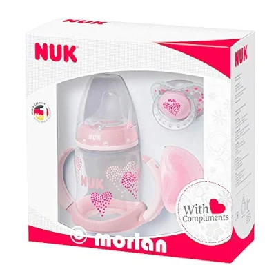 Image of NUK Gift Set, First Choice Learner Feeding Bottle, Soother and Box Limited Edition 6 18 Months Pink