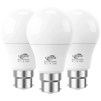 Image of LOEODO B22 Bayonet LED Bulbs 60W Equivalent, 9W Light Bulb, 806 Lumens, 6000K Cool White, Energy Saver Non Dimmable, Pack of 3
