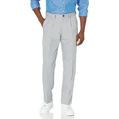 Image of Amazon Essentials Men&#039;s Classic Fit Expandable Waist Pleated Dress Trousers, Light Grey, 33W / 28L