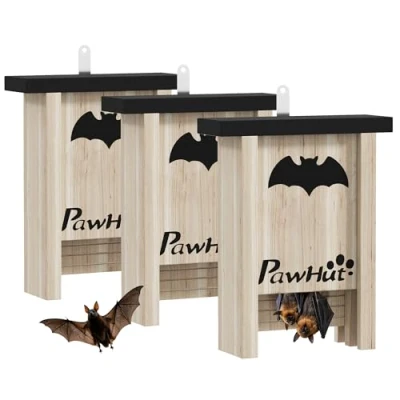 Image of PawHut Bat Boxes, Pack of 3 Wooden Houses for Outdoor, Garden, Farm, Easy to Land and Roost, Designed Attract Bats &amp; Hang, 18 x 6 22.5 cm