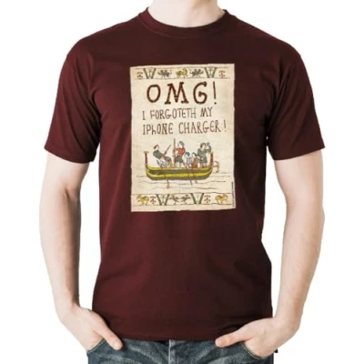 Image of Spike Leisurewear Hysterical Histories Licensed 100% Cotton Maroon T Shirt with &#039;OMG&#039; Funny Slogan Printed on The Front. Available in Sizes Small, Medium, Large, XL and XXL (Large)