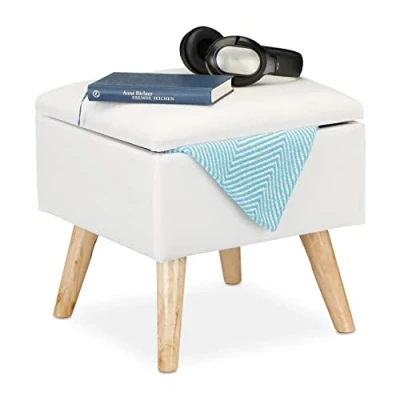 Image of Storage Ottoman, Faux Linen Cover, Padded, Wooden Legs, Lidded Seat, hwd 40x40x40 cm, White Relaxdays