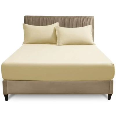 Image of Easy Care Fitted Sheets Super King, Poly Cotton Corner Elastic Bed Sheet, Luxury Bedding &amp; Linen, Cream