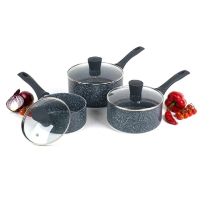 Image of Russell Hobbs COMBO 4838A Nightfall Stone Saucepan Set, 3 Piece Collection, 16/18/20 cm, for All Hob Types Including Induction, Comfortable Bakelite Handle, Tempered Glass Lids, Blue Marble Aluminium