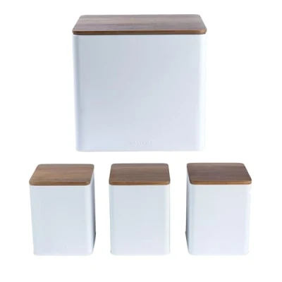 Image of Salter Toronto 4 Piece Countertop Set Tea, Sugar, Coffee Canisters &amp; Bread Bin, Storage Containers, Powder Coated White Finish, Acacia Wooden Lids, Stylish, Jars, White/Wooden, COMBO 9301