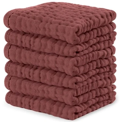 Image of Baby Washcloths, Muslin Cotton Towels, Large 10x10 Wash Cloths Soft on Sensitive Skin, Absorbent for Boys &amp; Girls, Newborn Toddlers Registry Gift (Wine, 6 Pack, 25 X CM)