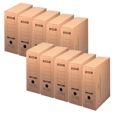 Image of Leitz Premium archive box with flap, 10 pieces, 100% recyclable, FSC certified, natural brown, 6086000