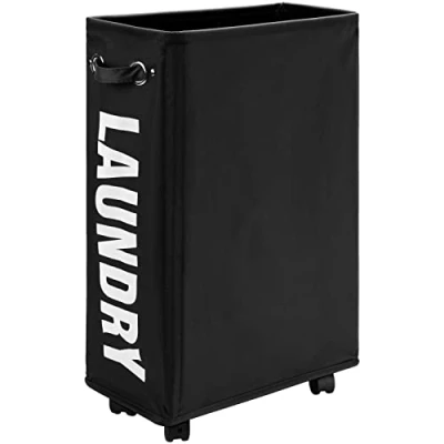 Image of DOKEHOM 25 Inches Slim Laundry Basket on Wheels, Collapsible Rolling Hamper, Foldable Narrow Corner Clothes Storage Bins (Black)