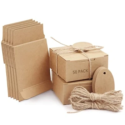 Image of Belle Vous Small Gift Boxes with Lids (50 Pack) Brown Kraft for Gifts Rope &amp; Tags Wedding Favour Boxes/Gift Bulk Set 7.5 x 3.5cm/2.95 2.95 1.37 Inches