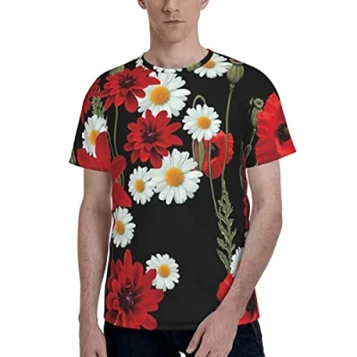 Image of Red Flower and White Daisy Printed T Shirt for Men, Fashion Sweatshirt Fashionable S 3XL, Black, M/3XL