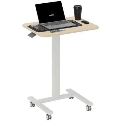 Image of Vinsetto Movable Standing Desk, Height Adjustable Sit Stand Desk with Hand Crank, Up 4 Rolling Wheels for Home Office, Natural Wood Finish