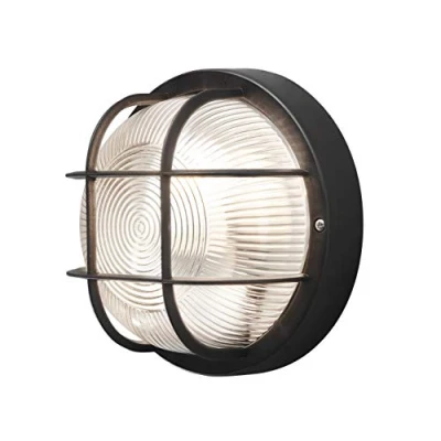 Image of Konstsmide 7651 750 Manotva Bulk Head Outdoor Wall Light Mains Powered / W: 18.5cm D: 10.5cm H: 1 x 40 W E27 Max Lamp Clear Ribbed Glass Plastic IP44 Outside Black