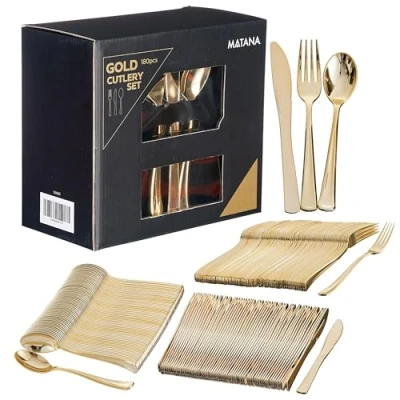 Image of MATANA 360 Elegant Gold Plastic Cutlery Set 120 Knives, Forks, Spoons Hand Washable, Reusable &amp; Heavy Duty Tableware for Weddings, Birthday, Parties Events