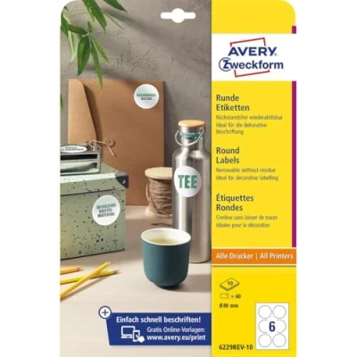 Image of AVERY Zweckform 6229REV 10 Round Labels (60 Adhesive Dots, Diameter 80 mm on A4, Stickers for Printing, Removable Without Residue/Removable, Self Jam Labels), Sheets, White