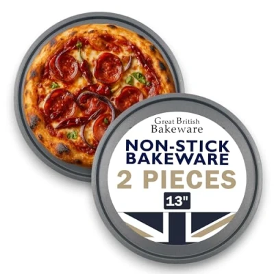 Image of Samuel Groves Chabrias Ltd 2 x Pizza Pan Oven Round Crisper Chip Twin Pack Baking Tray Large 13 Inch (33cm) Non Stick Coating Made in England