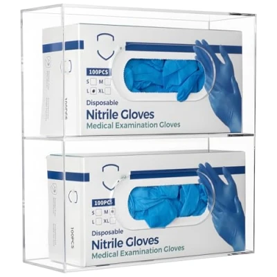 Image of KOEMEHR Glove Box Holder Disposable Dispenser Wall Mounted, Acrylic Double Gloves Storage for Medical, Latex, Nitrile, Exam, Gloves, Tissues Cover Holder, Transparent