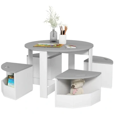Image of AIYAPLAY Kids Table and Chairs Set, 5 Piece Childrens Chair Set with Storage, Children Activity for Toddler 3 8 Years Old, Grey