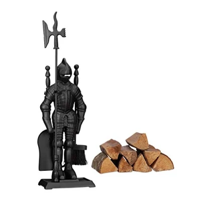 Image of Relaxdays Modern Cast Fire Irons Knight, 4 Piece Fireplace Companion Set with Shovel, Broom, Poker and Rack, Powder Coated, Black, 72 x 21 12.5 cm