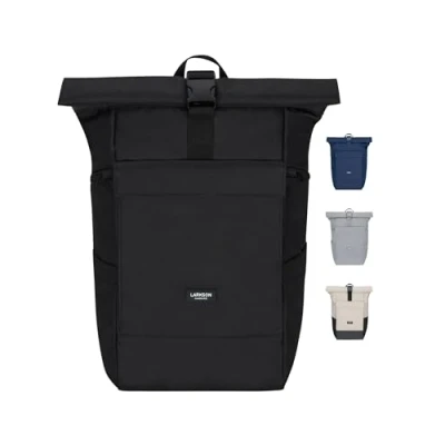 Image of LARKSON Backpack for Women &amp; Men Black No 4 Large Roll Top Rucksack with Laptop Compartment Work, Uni, Leisure Travel Trolley Strap Water Repellent