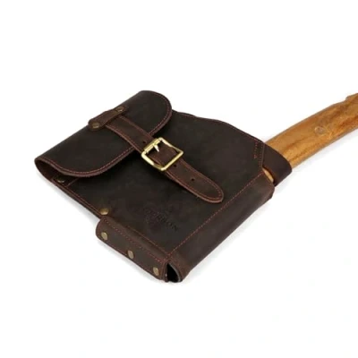 Image of TOURBON Genuine Leather Axe Head Cover Hatchet Sheath with Belt Loop Camping Holster Protective Case Large