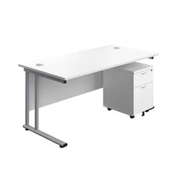 Image of 1600X800 Twin Rectangular Desk White Silver + Mobile 2 Drawer Ped