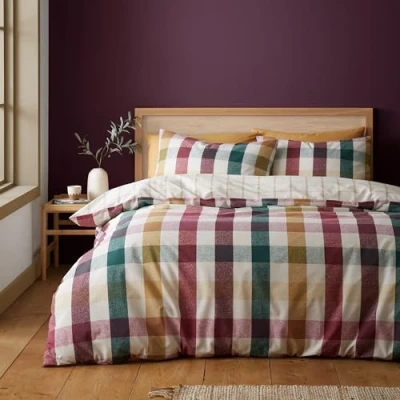 Image of Catherine Lansfield Autumn Check Reversible King Duvet Cover Set with Pillowcases Natural Plum