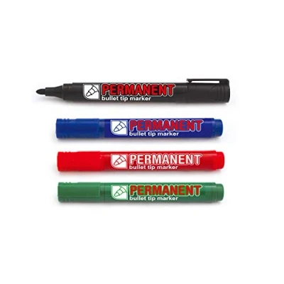 Image of CROWN Permanent Markers Bullet Tip Wallet Of 4 Ink Black, Red, Blue &amp; Green 2mm Line