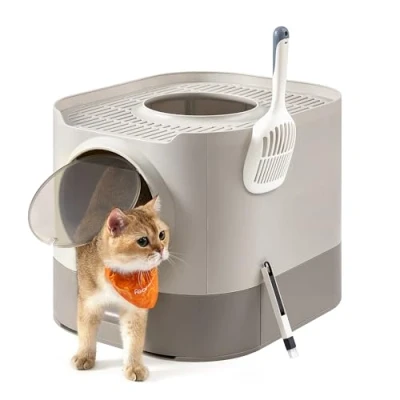 Image of Feandrea Cat Litter Box with Lid, XL Enclosed Top Entry, Slide Out Tray, Scoop, Brush, for Large Cat, Anti Tracking, Leaking, Oatmeal and Warm Grey PPT002G01