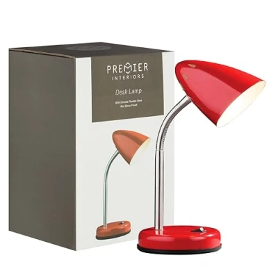 Image of Premier Housewares Bedside Table Lamp Red Desk Lamps Metal Reading Light Spot Book 36.5 x 13 cm