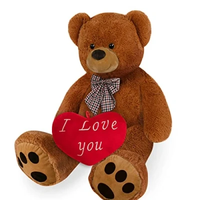 Image of Monzana® Teddy Bear with &#039;I Love You&#039; Heart Pillow XL 100cm Brown Valentine&#039;s Day Gift Soft Fur, Cute Bow Tie Perfect Present for Husband, Wife, Girlfriend or Boyfriend