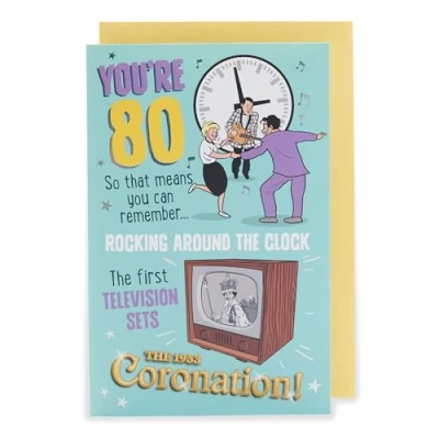 Image of UK Greetings 80th Birthday Card for Him/Her/Friend Nostalgic Design