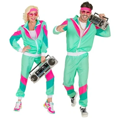 Image of Widmann 97070 Costume 80s Tracksuit, Jacket and Trousers, Jogging Suit, Retro Style, Bad Taste Party, Carnival, Multicoloured, XXL