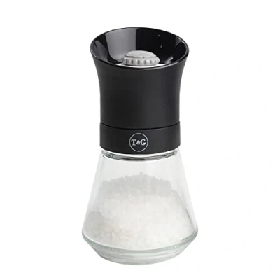 Image of T&amp;G CrushGrind Tip Top Salt Mill with Glass Base, 12.5 cm, Black / Gourmet Fully Adjustable Ceramic Manual Grinder Shaker Coarse &amp; Fine Easy Fill