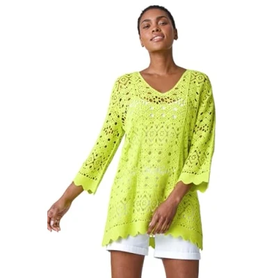 Image of Roman Cotton Crochet Tunic for Women UK Ladies Lace Top Blouse Crinkle Embroidered Eyelet Broderie Anglaise Spring Summer Beach Holiday Cool Loose Jumper Cover Up Lime Size 14
