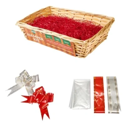 Image of ADEPTNA Premium Wicker Gift Hamper Create your Own Festive Present Includes Smooth Rectangle Basket Ribbon Wood Wool and Cellophane Beg (NATURAL)