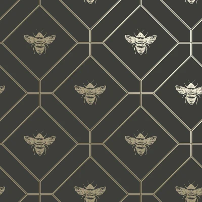 Image of Honeycomb Bee Wallpaper Geometric Metallic Modern Gold Charcoal