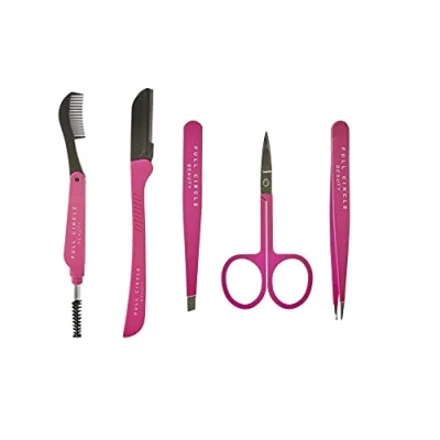 Image of Full Circle Beauty Eyebrow Grooming Kit, Shaping Tool with Razors, Brush, Scissor, Pointed Tweezers, Slanted 5pcs Stainless Steel Set